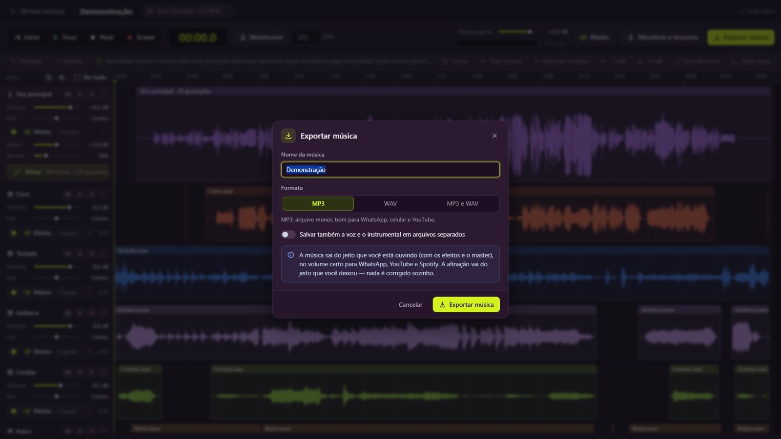 Exportar música no Vozz Studio