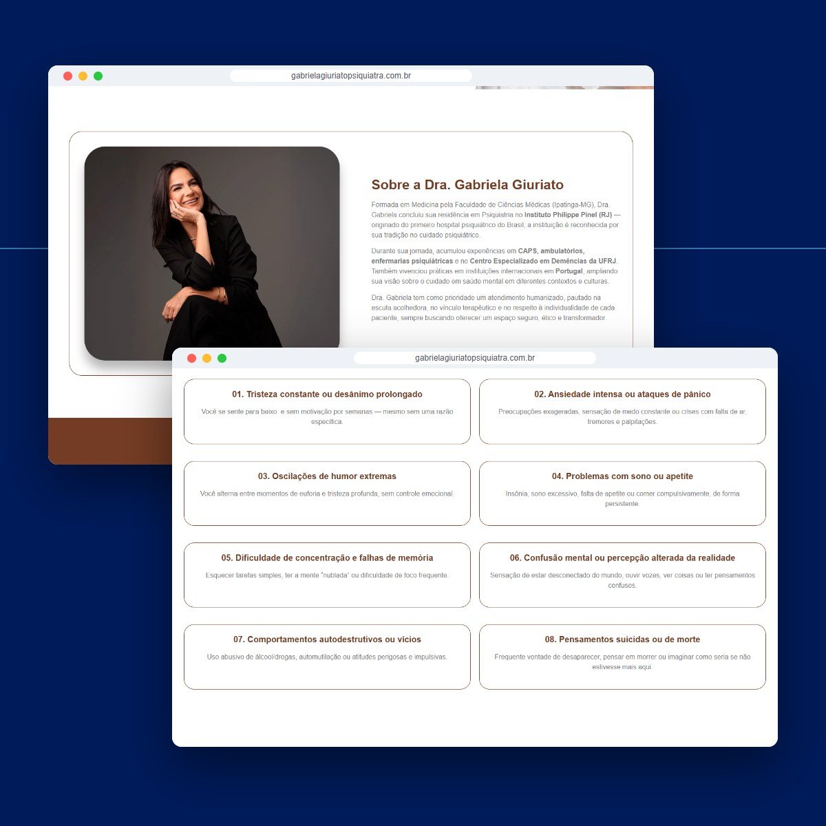 Seções do site Dra. Gabriela Giuriato
