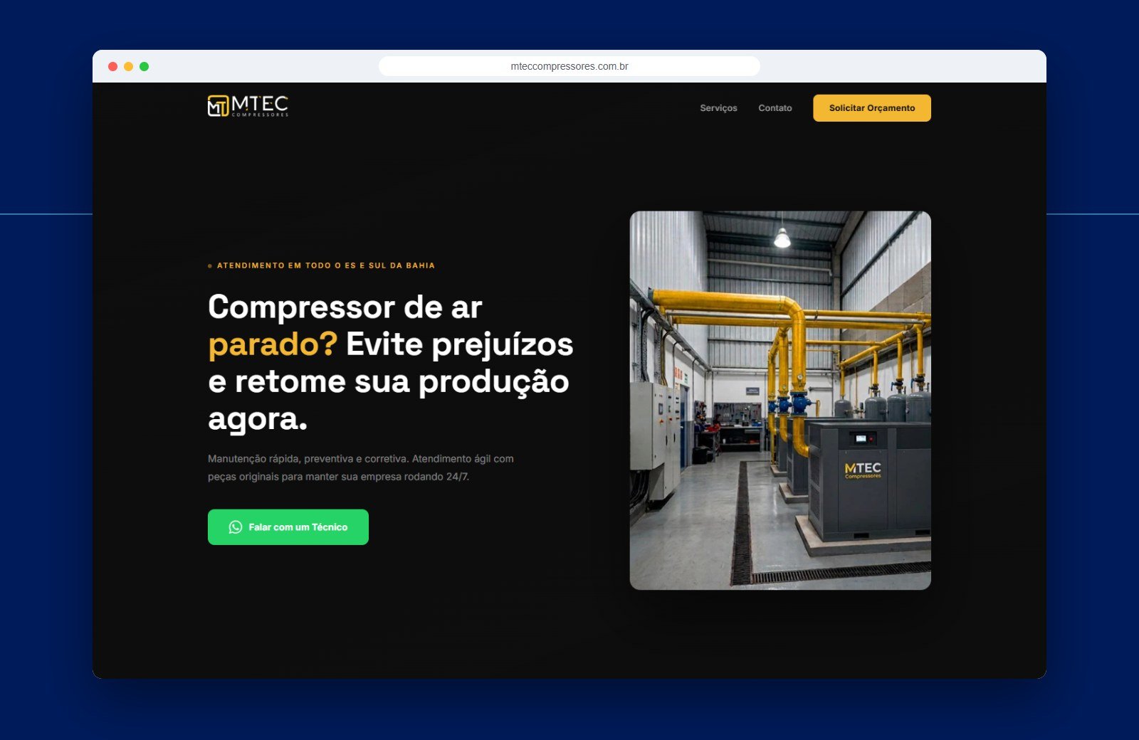 Página inicial do site MTEC Compressores