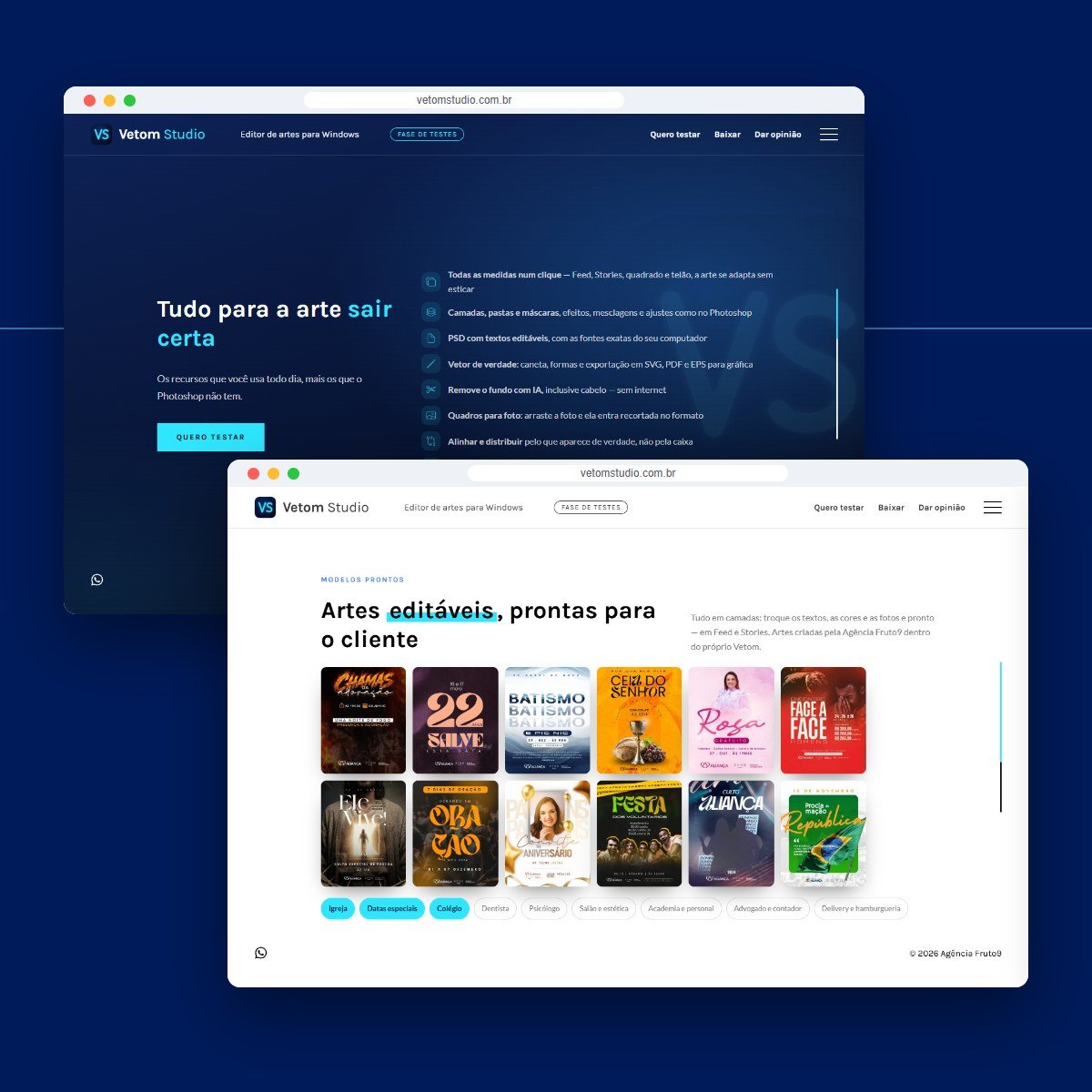 Seções do site Vetom Studio